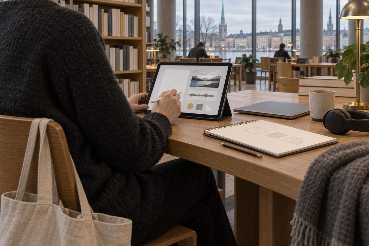En person bruker nettbrett og penn ved et bibliotekbord med hodetelefoner, skissebok og utsikt mot byen gjennom store vinduer.