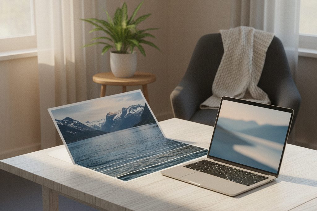 Et fjordfotografi går over i en rekke videoruter med bølger ved siden av en bærbar datamaskin.