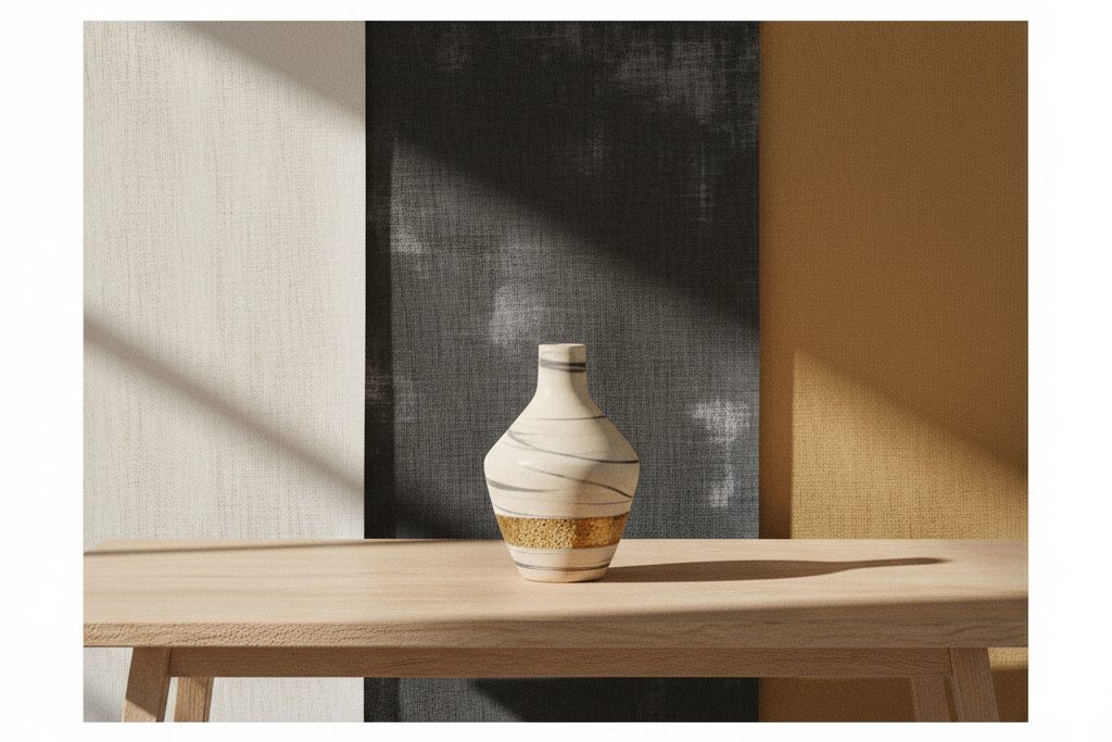Keramikkvase med alternative bakgrunner fra studio, terrasse og kontor