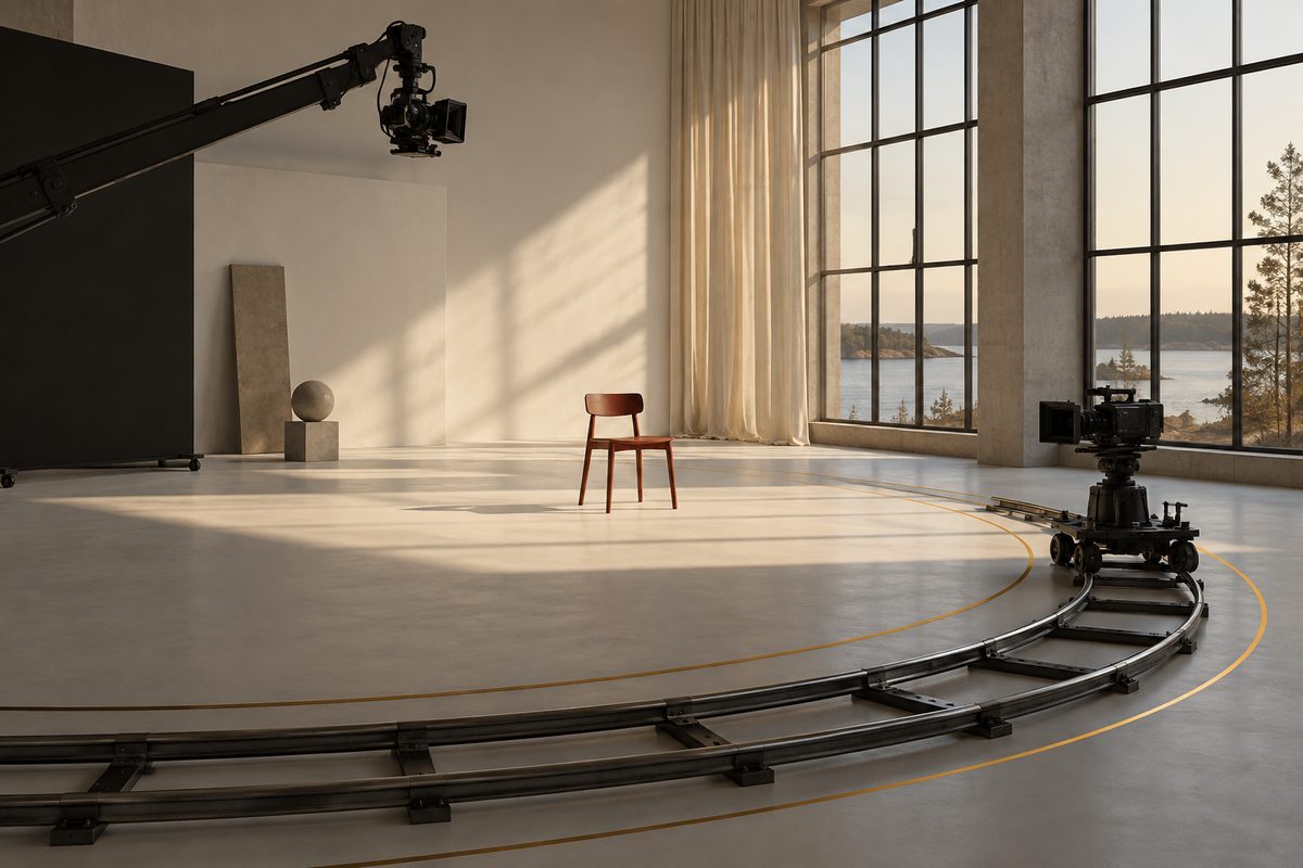 En rødbrun stol står i et lyst filmstudio, omgitt av buede kameraskinner, et kamera på vogn og en kamerakran.