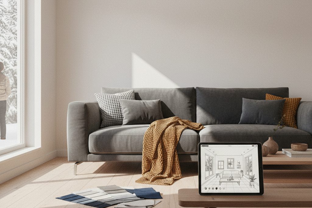 Stue med grå sofa, fargeprøver og målebånd ved et digitalt innredningsforslag