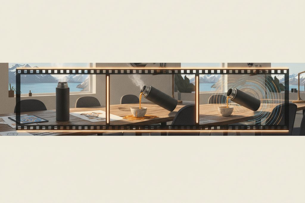 Et produktfoto av en termos blir til flere filmruter på et arbeidsbord