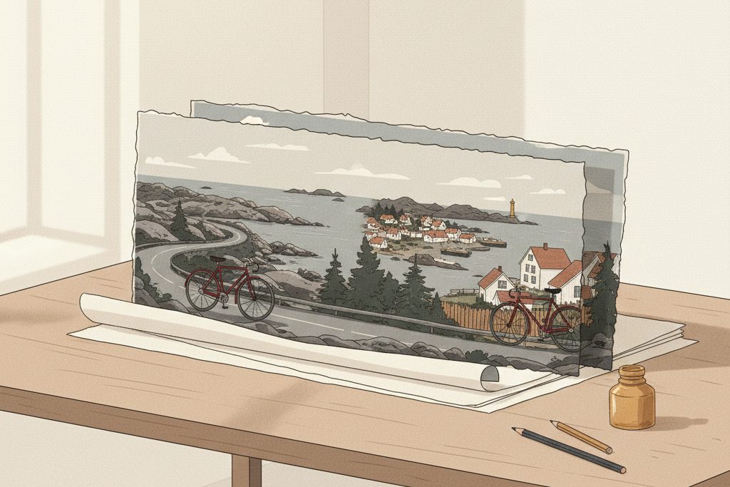 To fotografier med en sykkel og et kystlandskap som settes sammen til ett motiv