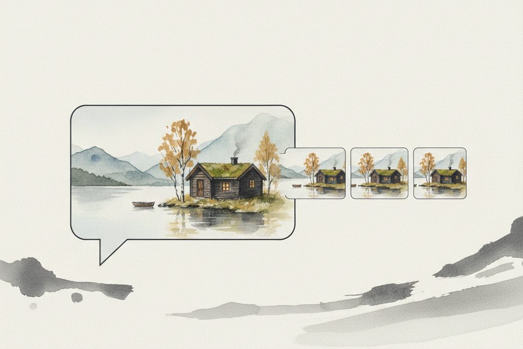 En tom samtaleflate blir til en akvarell av en hytte ved en innsjø, med flere bildevarianter ved siden av