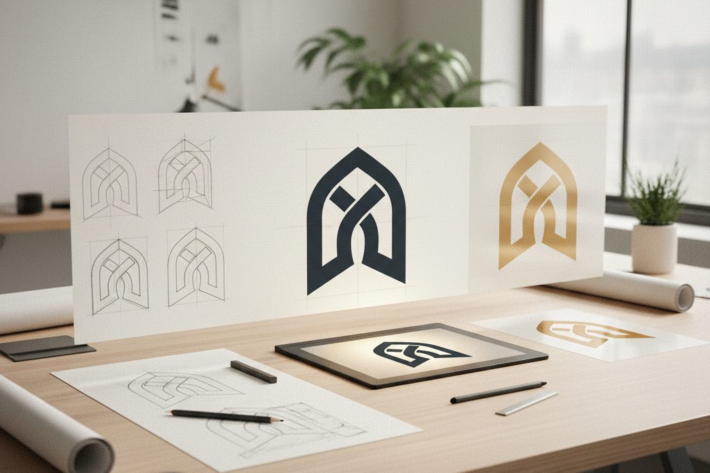 Et abstrakt symbol utvikles fra blyantskisse til rene vektorkurver og gjennomsiktig bildeflate