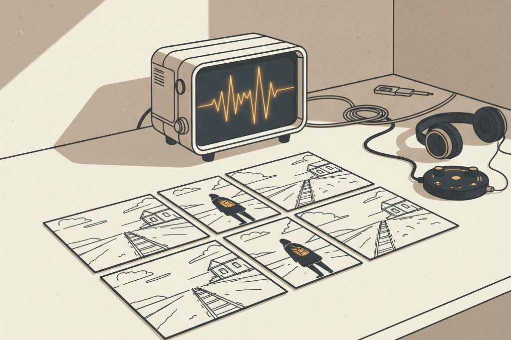 Et arbeidsbord med seks storyboardbilder av en reisende på en tom perrong