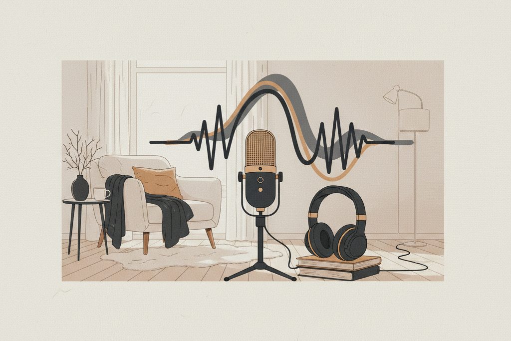 Mikrofon og hodetelefoner ved lydbølger som viser egen stemme i en sang