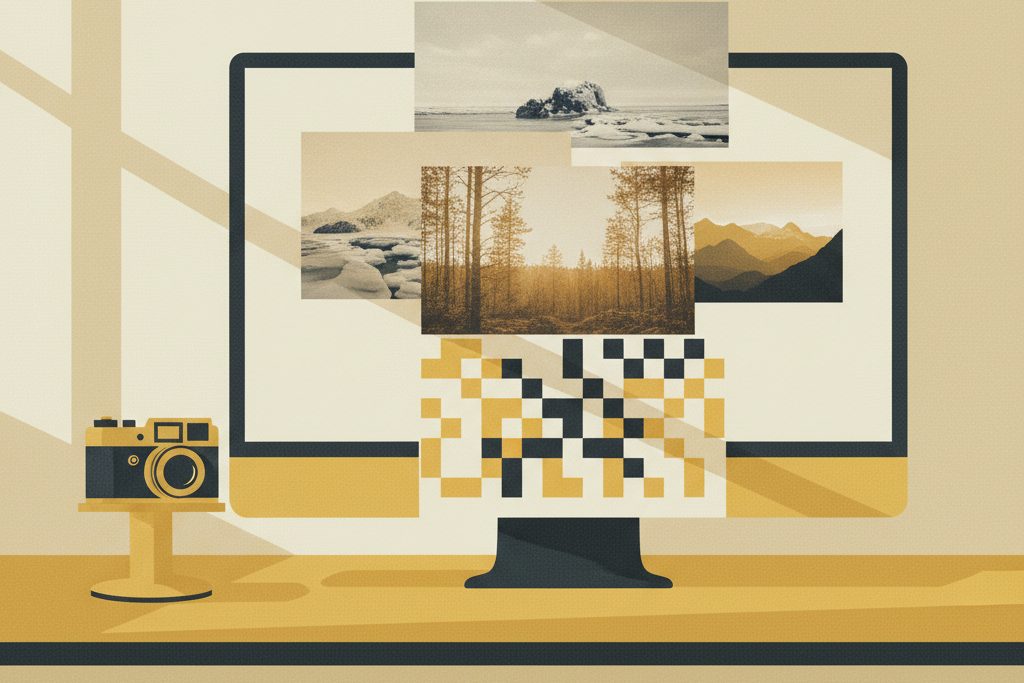 Gule bildeflater, kamera og landskapsbilder illustrerer AI-basert bilderedigering