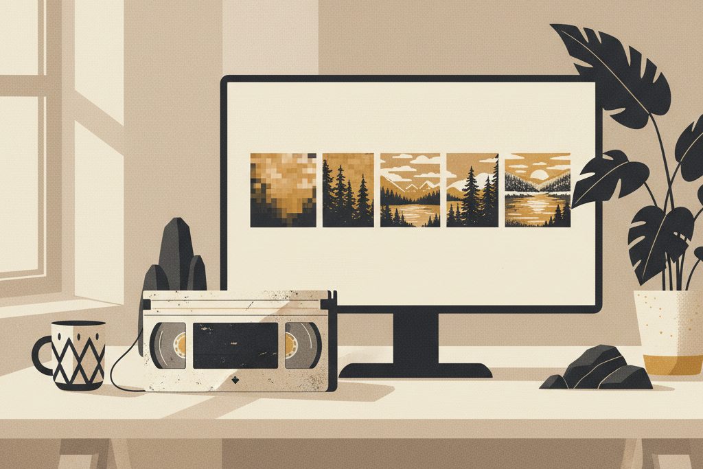 Videokassett og dataskjerm med et landskap i ulik bildekvalitet