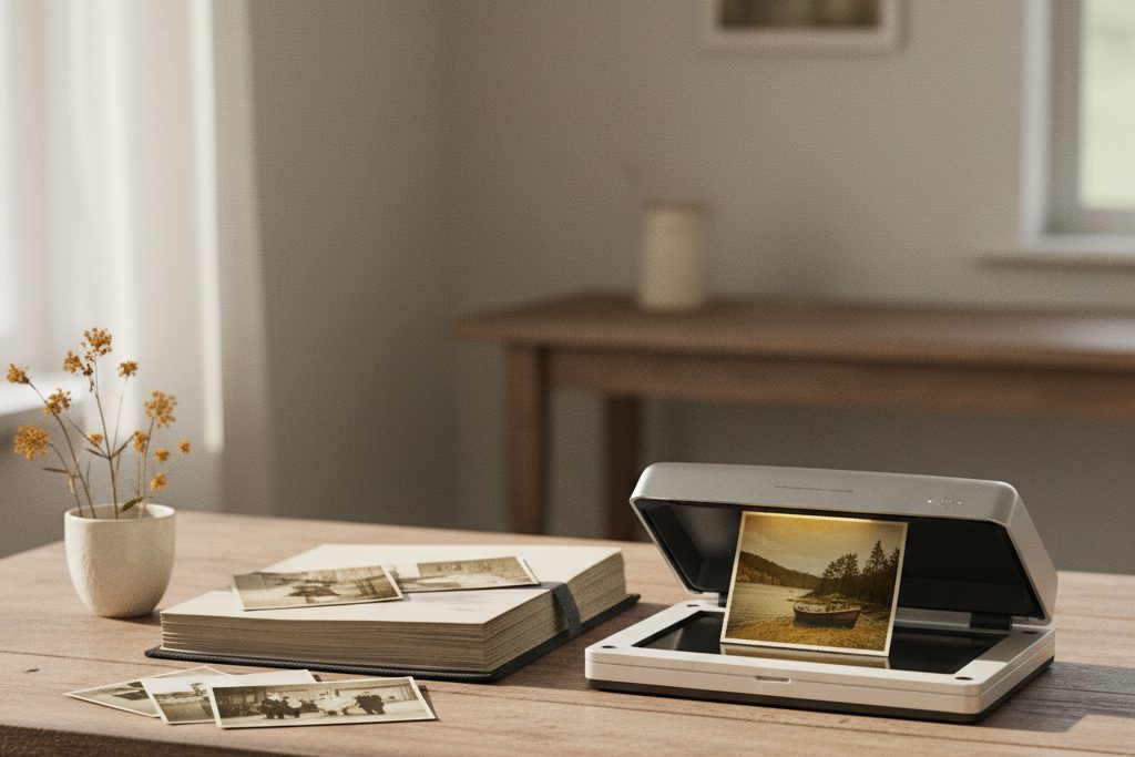 Gammelt fotoalbum, skanner og restaurert landskapsbilde på et trebord