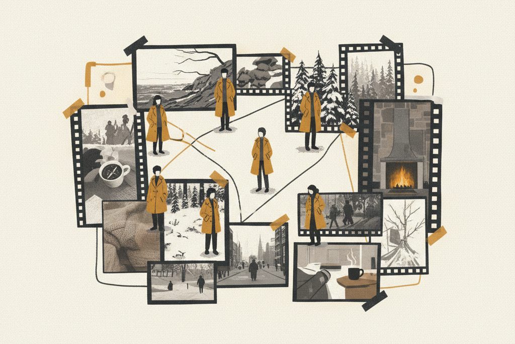 En karakter i gul jakke går igjen på et referanseark og i flere filmruter