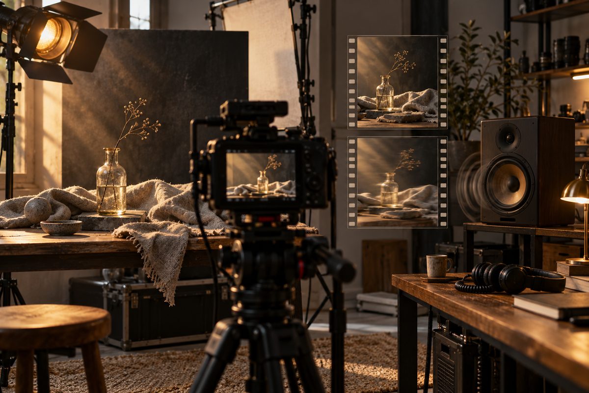 Et kamera filmer en liten stilleben-scene mens filmruter og høyttaler på redigeringsbordet antyder levende bilde og lyd.