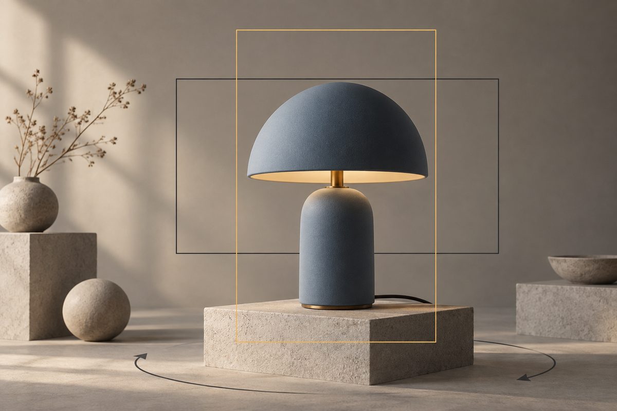En blå bordlampe på en steinsokkel er omgitt av stående og liggende utsnittsrammer og buede kamerapiler på gulvet.