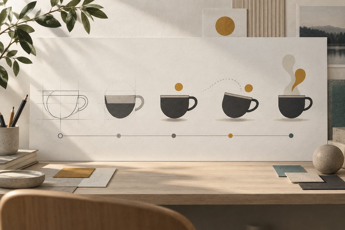 En koppform beveger seg i fem trinn på en stor designplate, med tidslinje, blyanter og nordisk dagslys rundt.