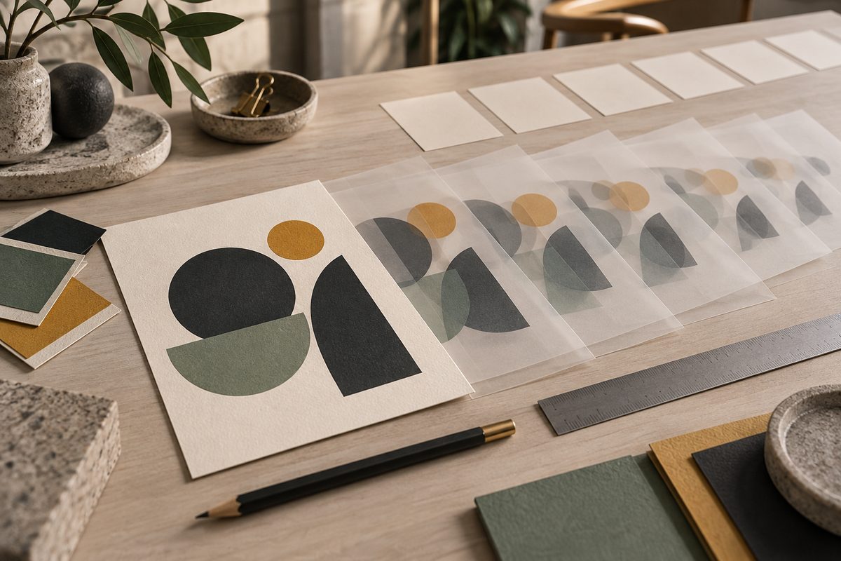 Et grafisk motiv på et kremfarget ark gjentas gjennom gjennomsiktige lag, som papirformer i bevegelse på et lyst designbord.