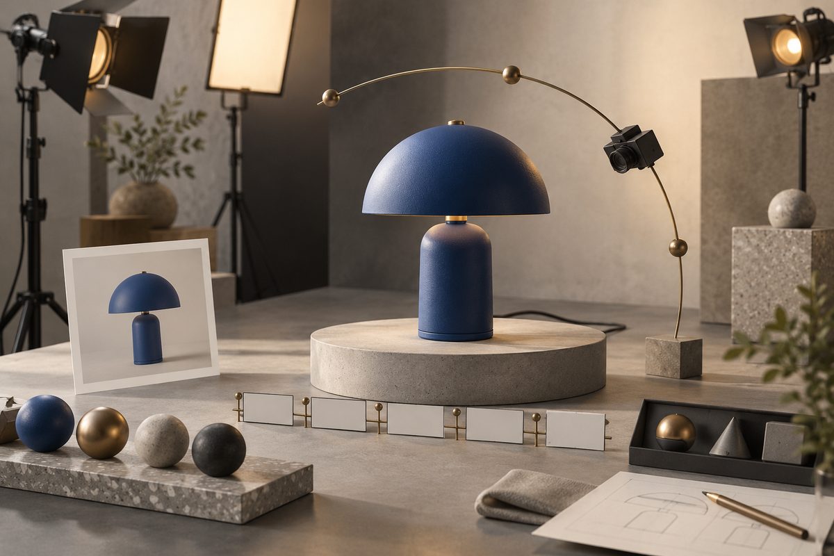 En blå bordlampe står på en sokkel omgitt av studiopærer, en buet kamerabane og små blanke tidslinjekort.