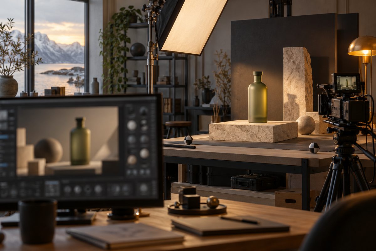 Et grønt glassprodukt står på en steinplate i et studio med kamera, softbox og skjerm foran et vindu mot fjell.