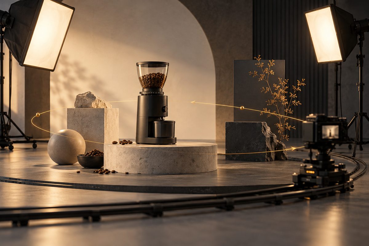 En svart kaffekvern står på et podium i et studio med softbokser og en gyllen kamerabane.