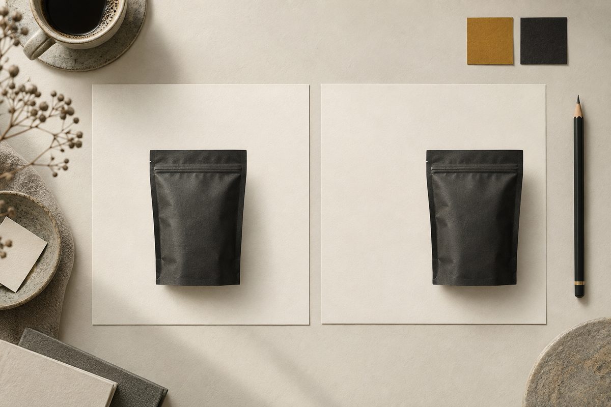 To kvadratiske annonseutkast med mørke kaffeposer i ulik plassering ligger på et lyst bord med fargeprøver og blyant.