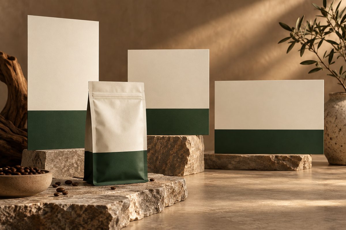 En kaffepose står foran tre reklameplater i ulike formater, alle med samme kremhvite og mørkegrønne fargefelt.