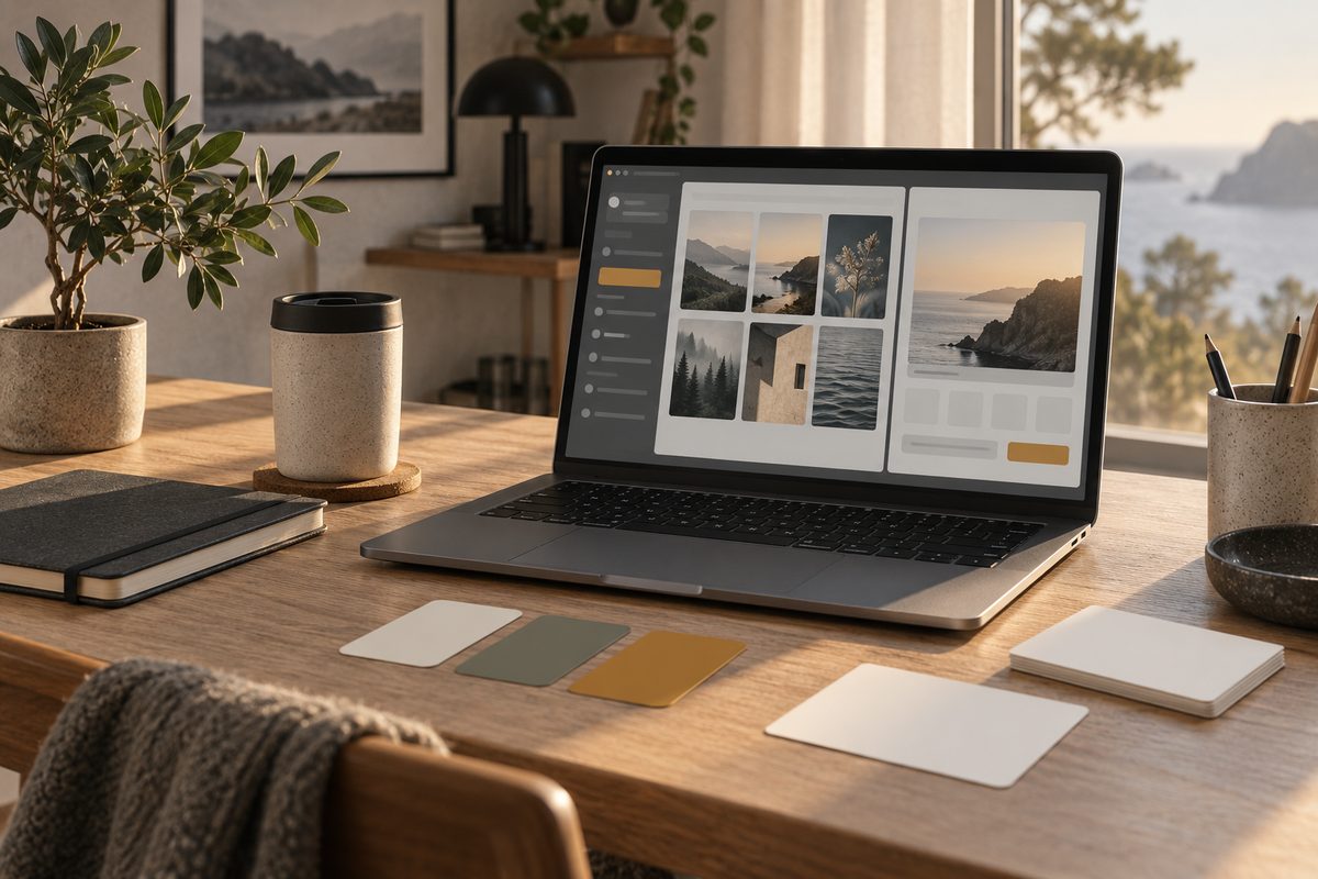 En laptop med et ordløst bildegeneratoroppsett står mellom plante, reisekopp, notatbok og fargeprøver på et solbelyst skrivebord.