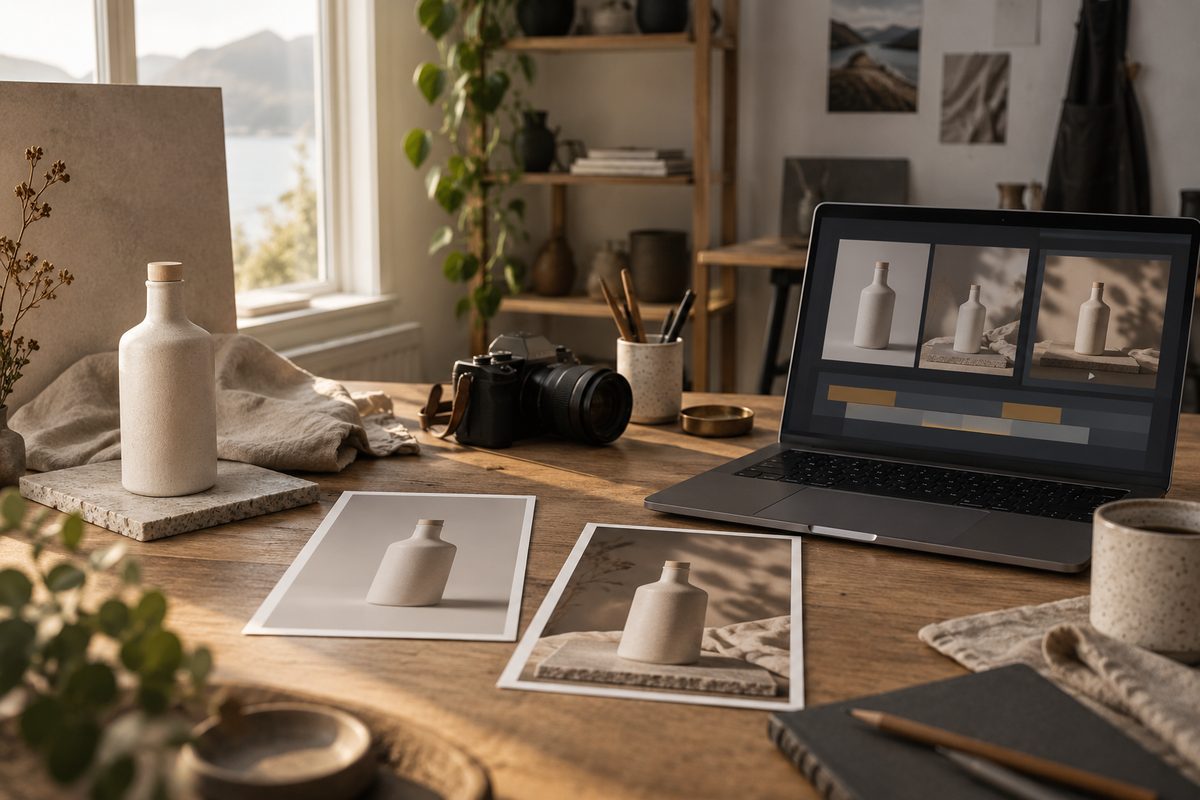 En keramikkflaske står i et lite fotostudio ved kamera, utskrifter og en laptop med bildefelt og tidslinje.