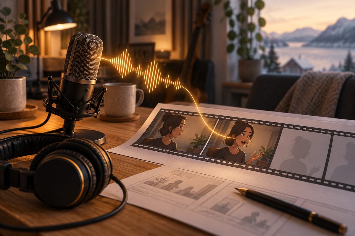 En studiomikrofon og hodetelefoner står ved en filmstripe med en fiktiv animert figur og en gyllen lydbølge.