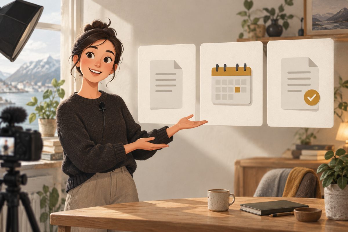 En fiktiv, animert forteller viser tre kort med dokument, kalender og ferdig skjema i et lyst nordisk studio.