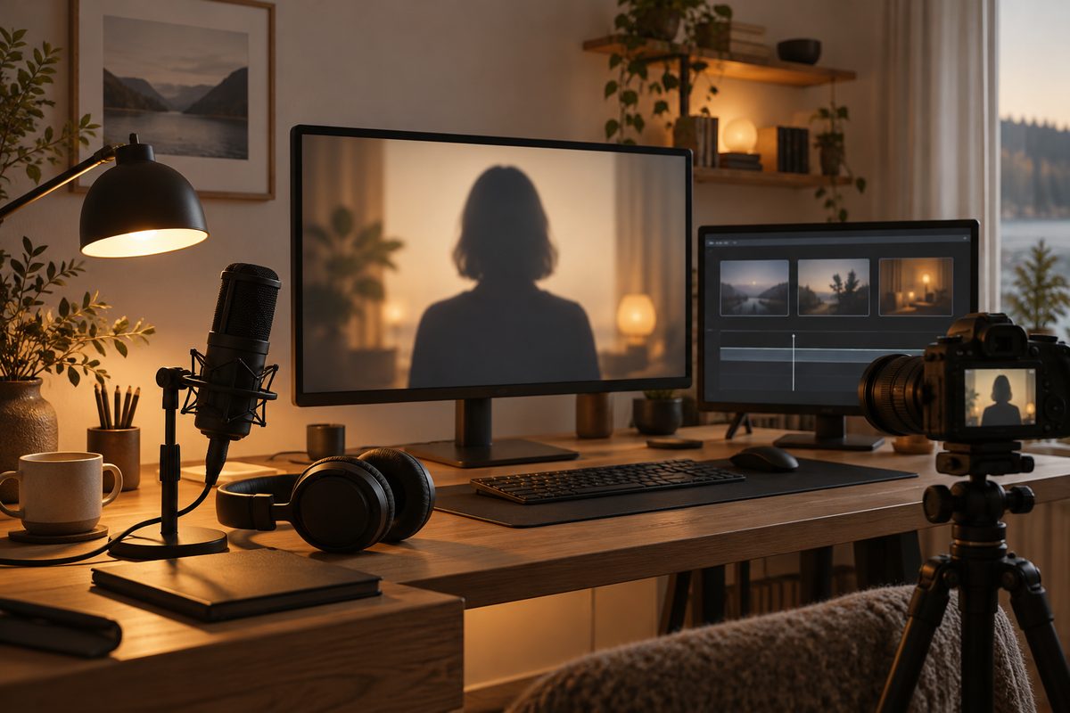 Et hjemmestudio med mikrofon og hodetelefoner vender mot en skjerm med en anonym vertssilhuett i varmt lampelys.