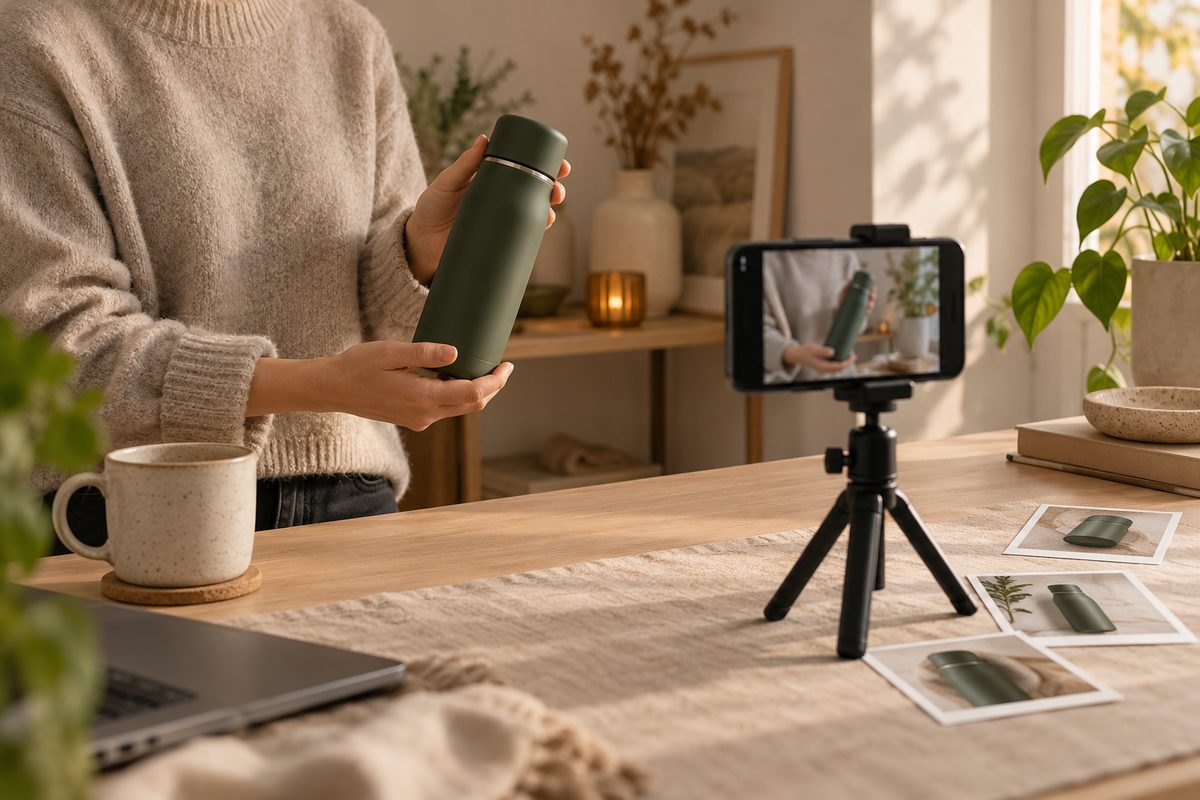 En person holder en mørkegrønn termos foran en mobil på stativ, med produktbilder spredt utover bordet i et lyst hjemmestudio.