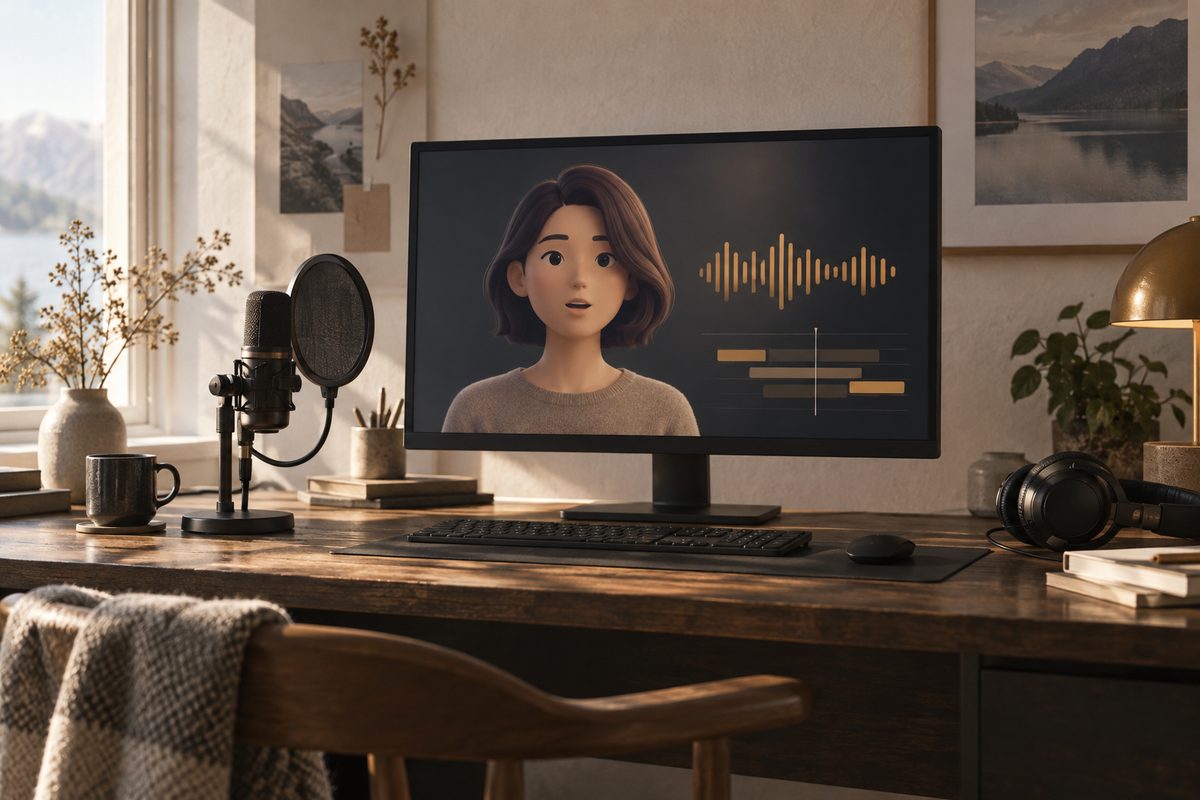 En generisk digital avatar vises på en skjerm ved siden av mikrofon og hodetelefoner, med bølgeform og tidslinjer i gyllen tone.
