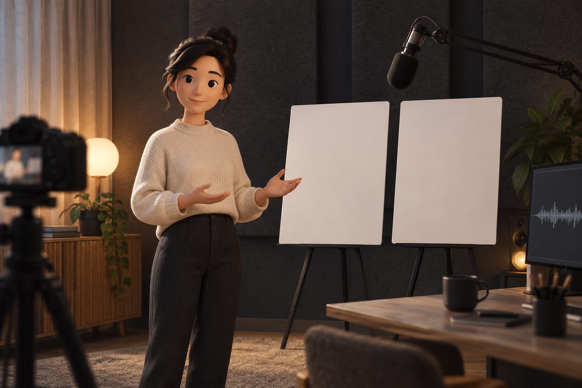 Et kamera står foran en studioskjerm med en stilisert digital programleder, mikrofon og blanke manuskort.