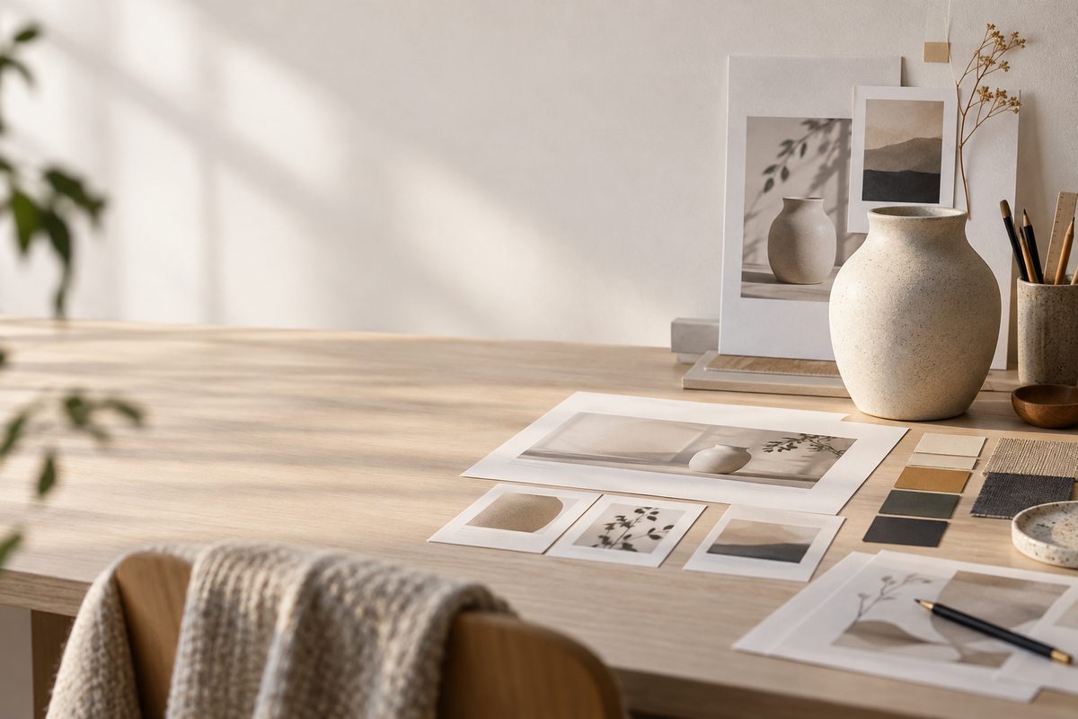 Et lyst designbord med keramikkvase, papirskisser og fargeprøver, med åpen plass til bannerets hovedmotiv.