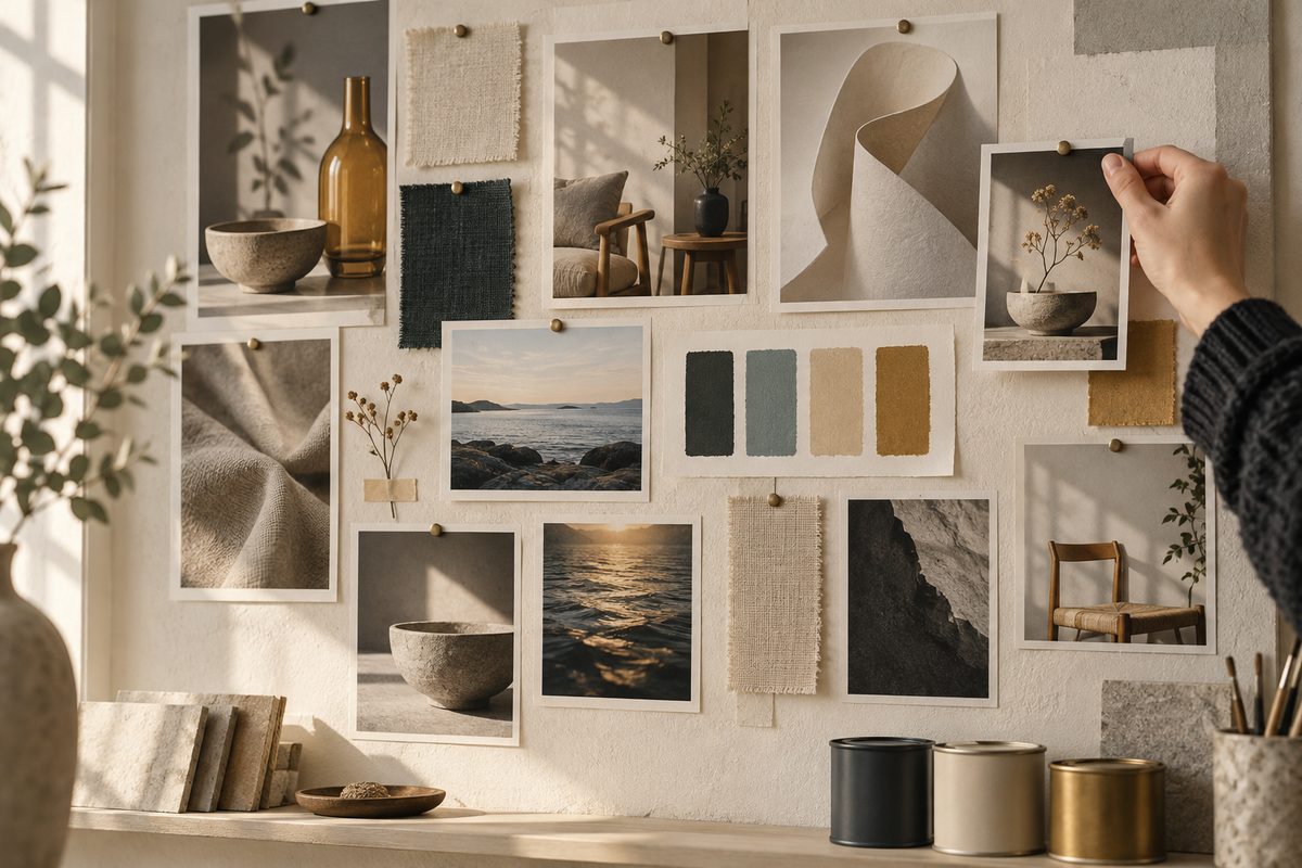 Et nordisk moodboard med blanke bildekort, keramikkopper, tekstilprøver og fargekart i gråblått, kremhvitt og dempet gull.