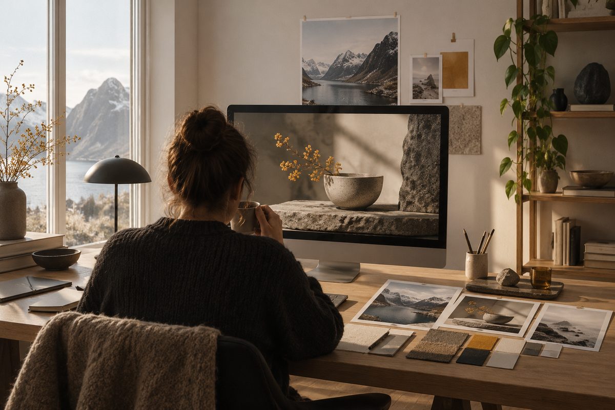En kreativ arbeider ser en stilisert produktkomposisjon på skjermen, med referansebilder og fargeprøver samlet på pulten i et lyst nordisk atelier.