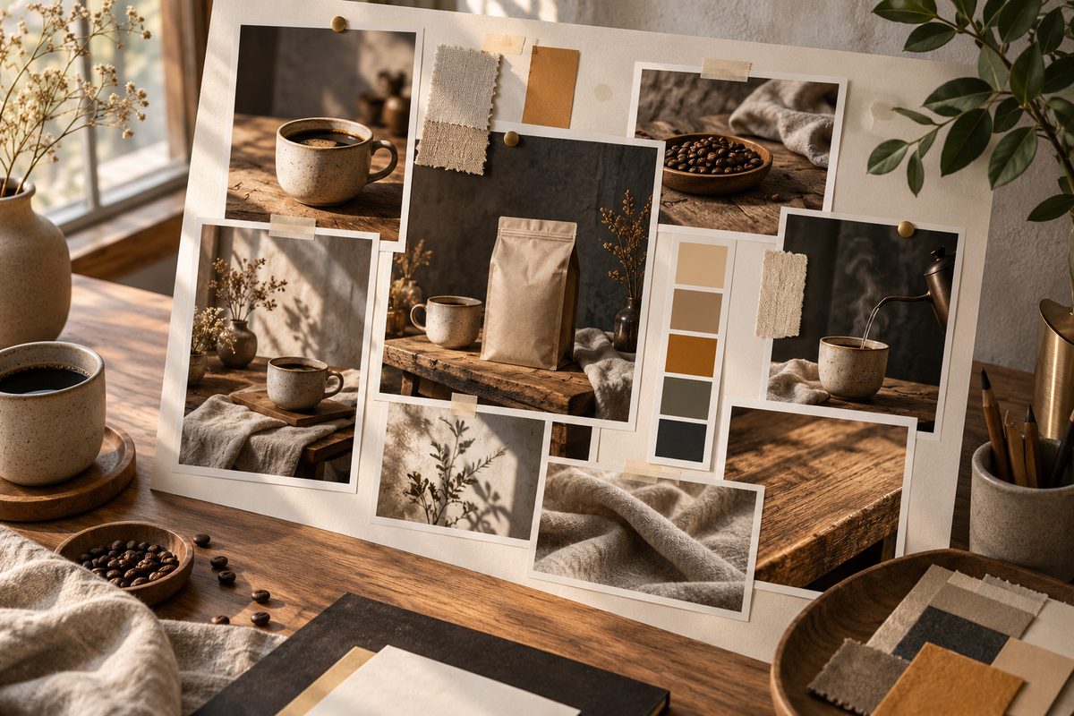 Et nordisk studio viser et moodboard med samstemte naturbilder, materialprøver og fargekart på veggen og skrivebordet.