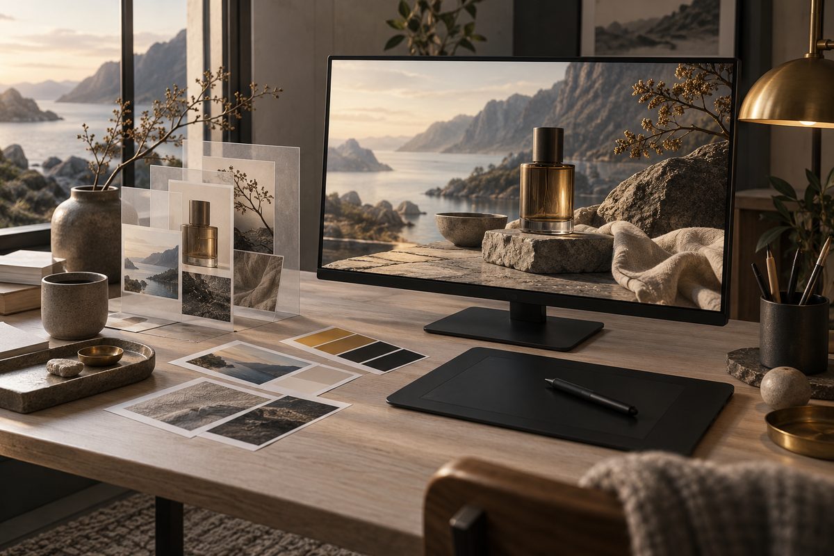 En produktfoto utvides til en bredere scene på arbeidsbordet, med lagdelte bildeflater, fargeprøver og tegnebrett i mykt nordisk lys.