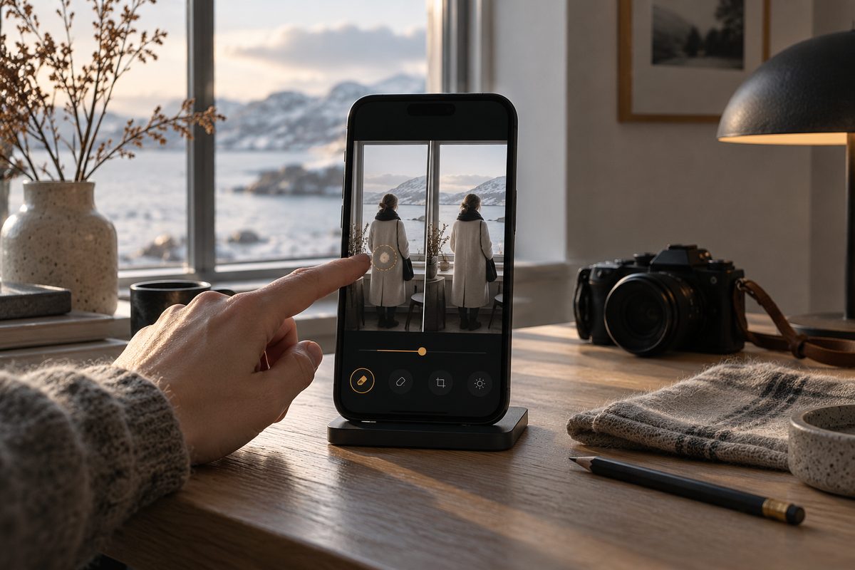En mobil på stativ viser to versjoner av et kystportrett, mens en hånd markerer et lite område på jakken.