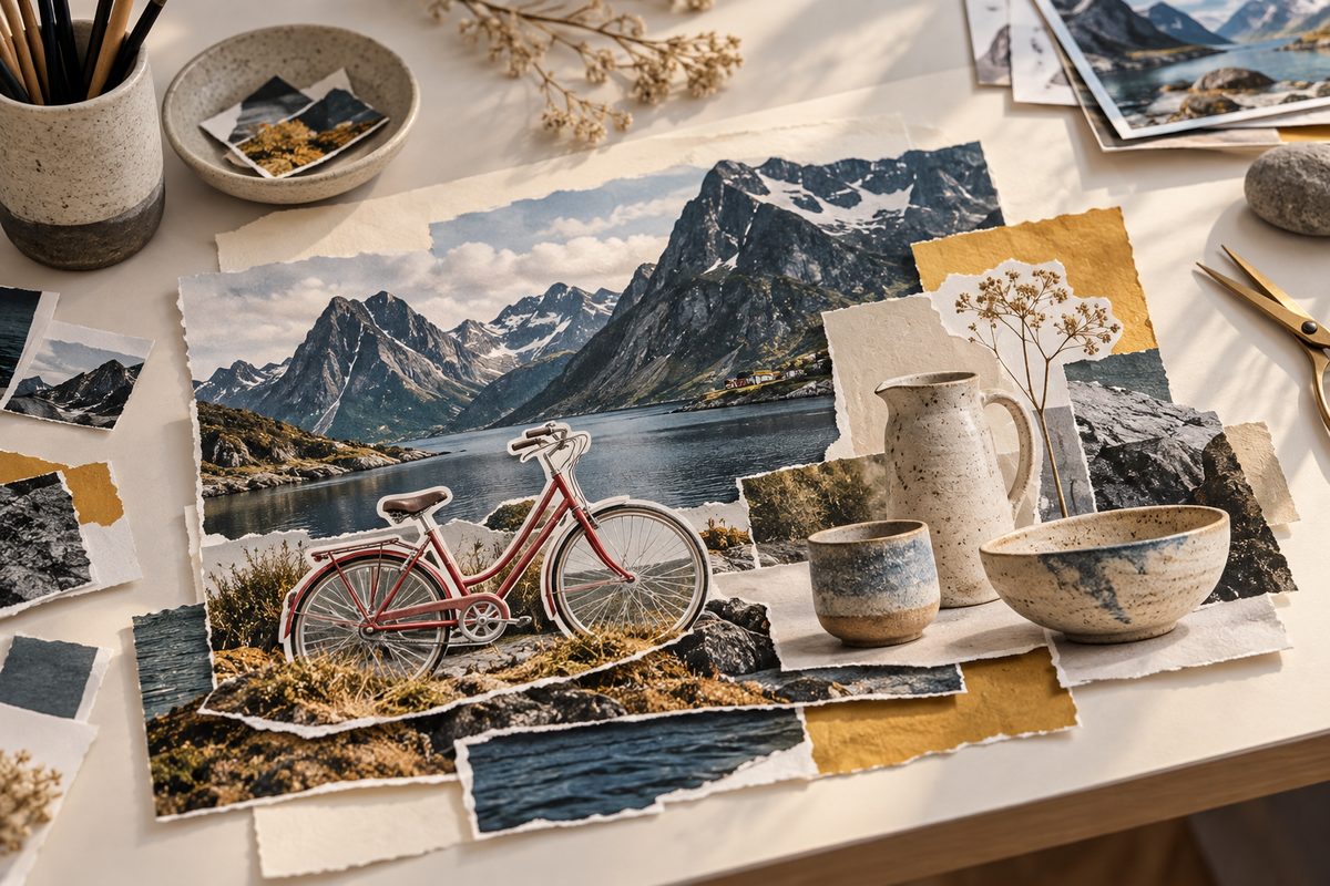Lag på lag med utklipte fjellbilder, en rød sykkel og keramikk ligger utover et lyst arbeidsbord.