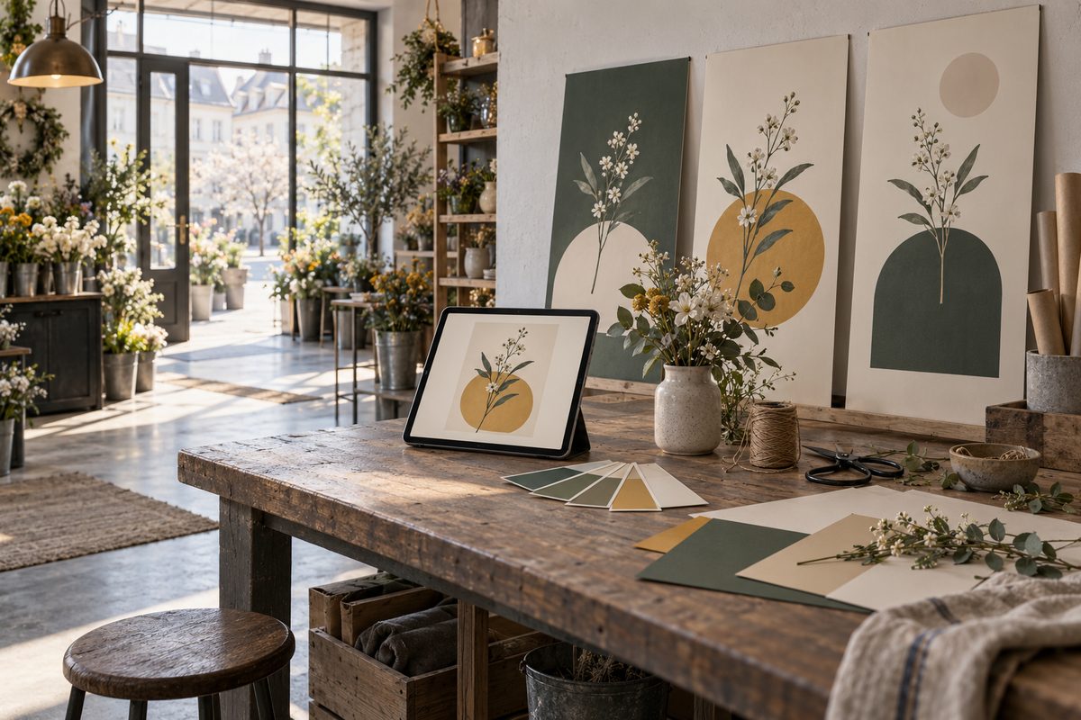 Et blomsterverksted viser tre ulike plakatutkast med botaniske motiver ved siden av et nettbrett, fargeprøver og avklipte stilker.
