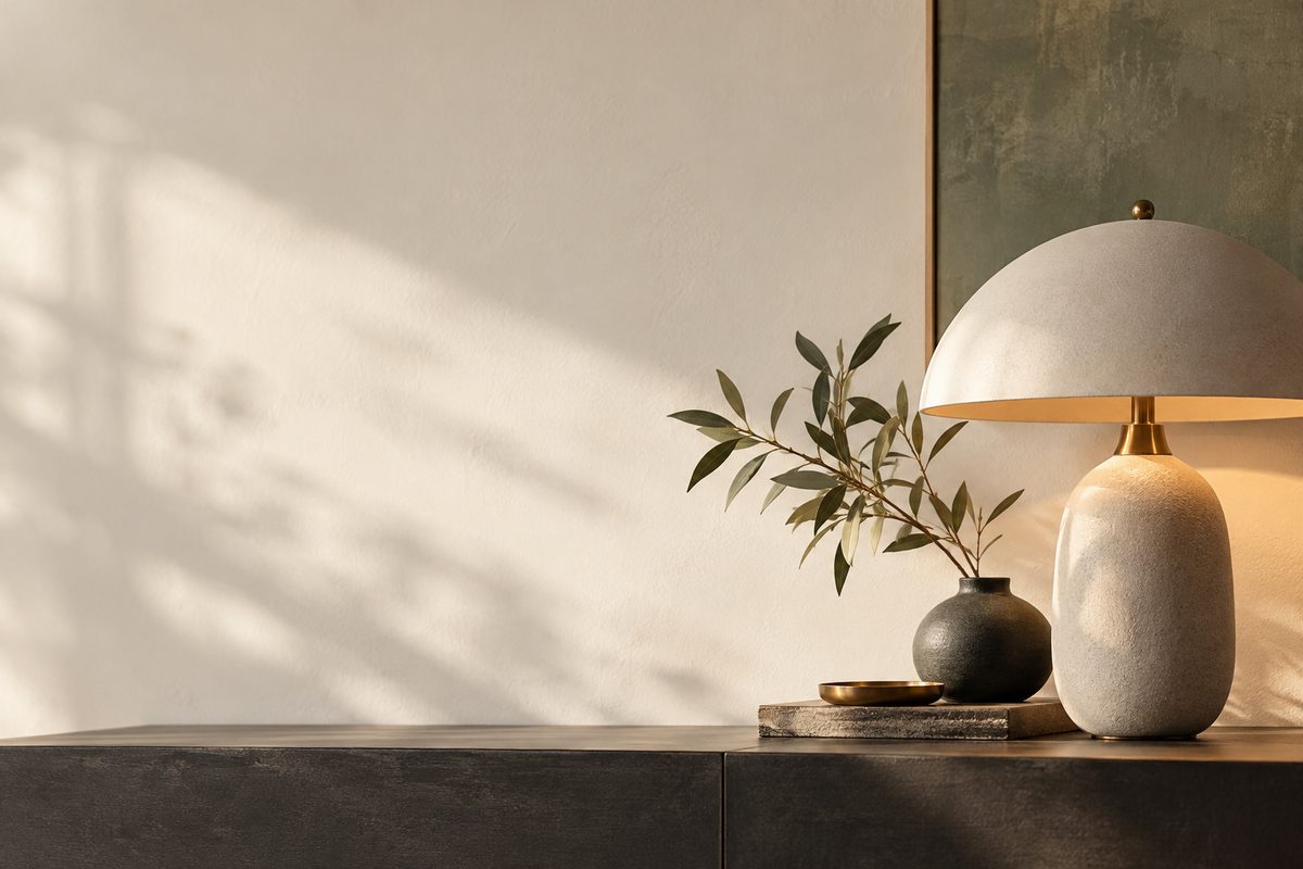 En stor keramisk lampe og en mørk vase med grønne grener står til høyre, med lys og tom veggflate til venstre.