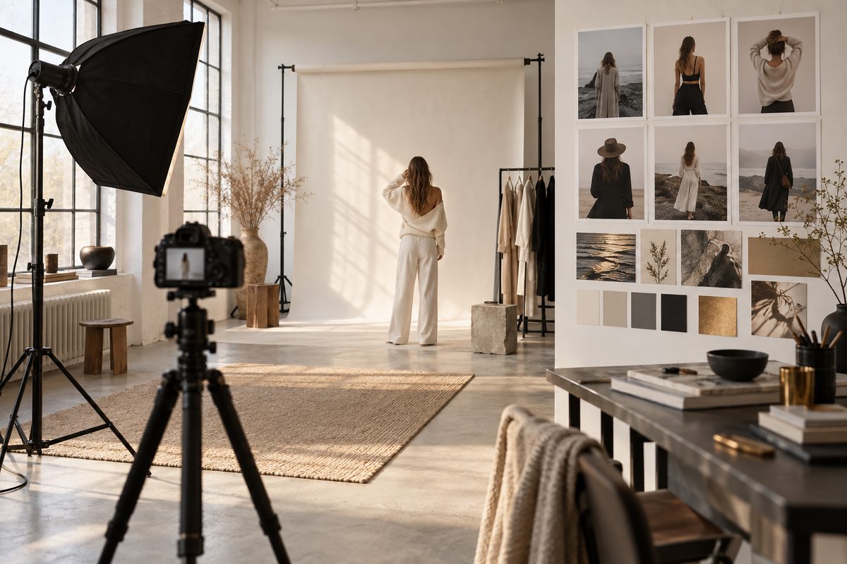 En modell fotografert bakfra står i et lyst studio ved et kamera, mens en vegg viser en serie bilder og fargeprøver.