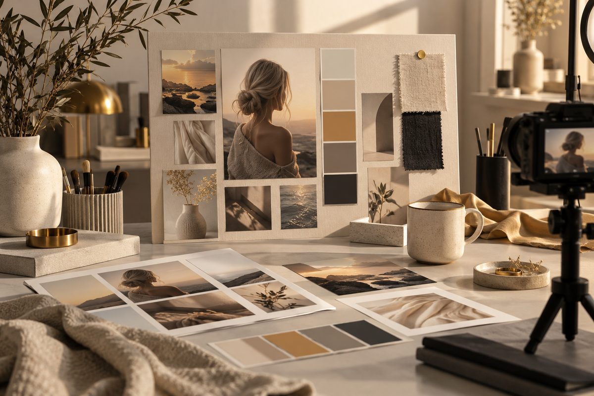 Et nordisk designstudio med moodboard, fargeprøver, stemningsbilder, tekstiler og kamera viser arbeidet med en fiktiv merkevarefigur.