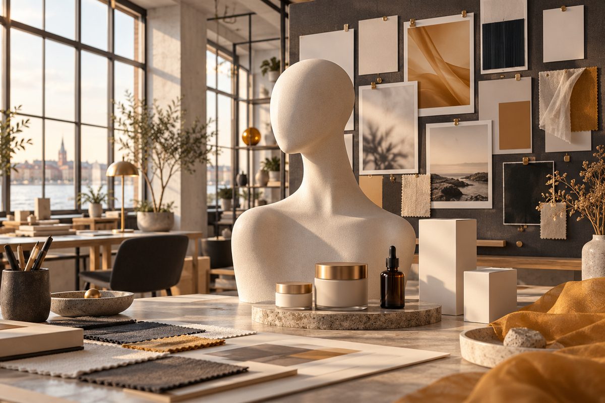 En glatt, ansiktsløs mannequin står blant blanke produktesker, fargeprøver og kampanjekort i et lyst nordisk studio.