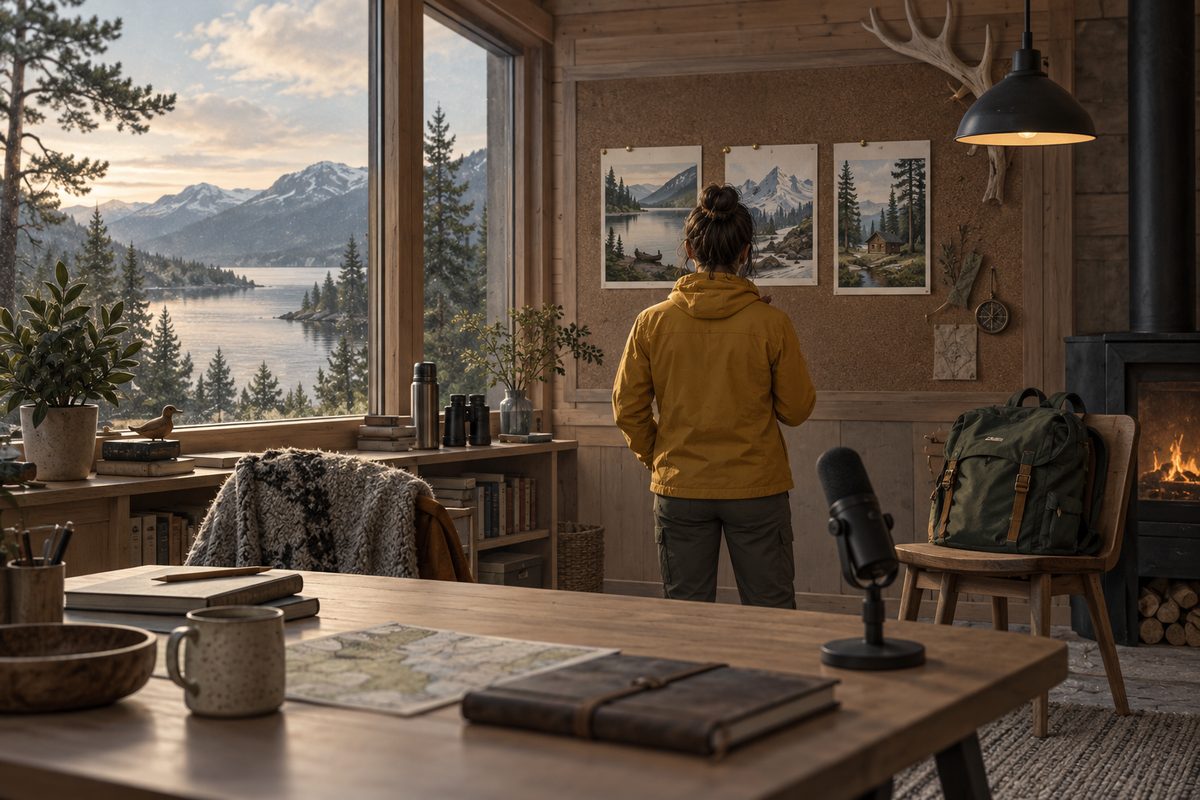 En figur i okergul jakke står med ryggen til i en hytte og ser på tre scenekort, mens mikrofon og grønn sekk står ved siden av.