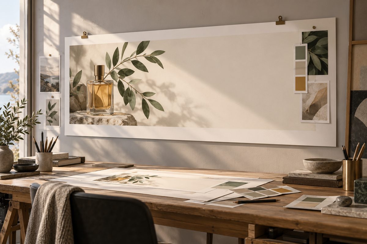 Bredt panoramisk landskap ligger på et designbord med lagdelte papirkort, fargeprøver og nordisk arkitektur i bakgrunnen.