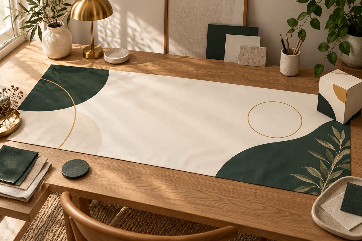 Et bredt kremfarget banner med mørkegrønne og gyldne former ligger på et lyst trebord mellom fargeprøver, lampe og plante.