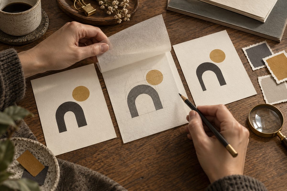 Hender løfter et transparent lag over et enkelt svart og okerfarget symbol, mens tre kort viser originalen og ulike versjoner.