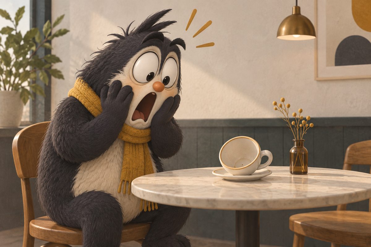 En lodden tegneseriefigur reagerer forskrekket på en tom kaffekopp ved et kafébord i varmt nordisk lys.