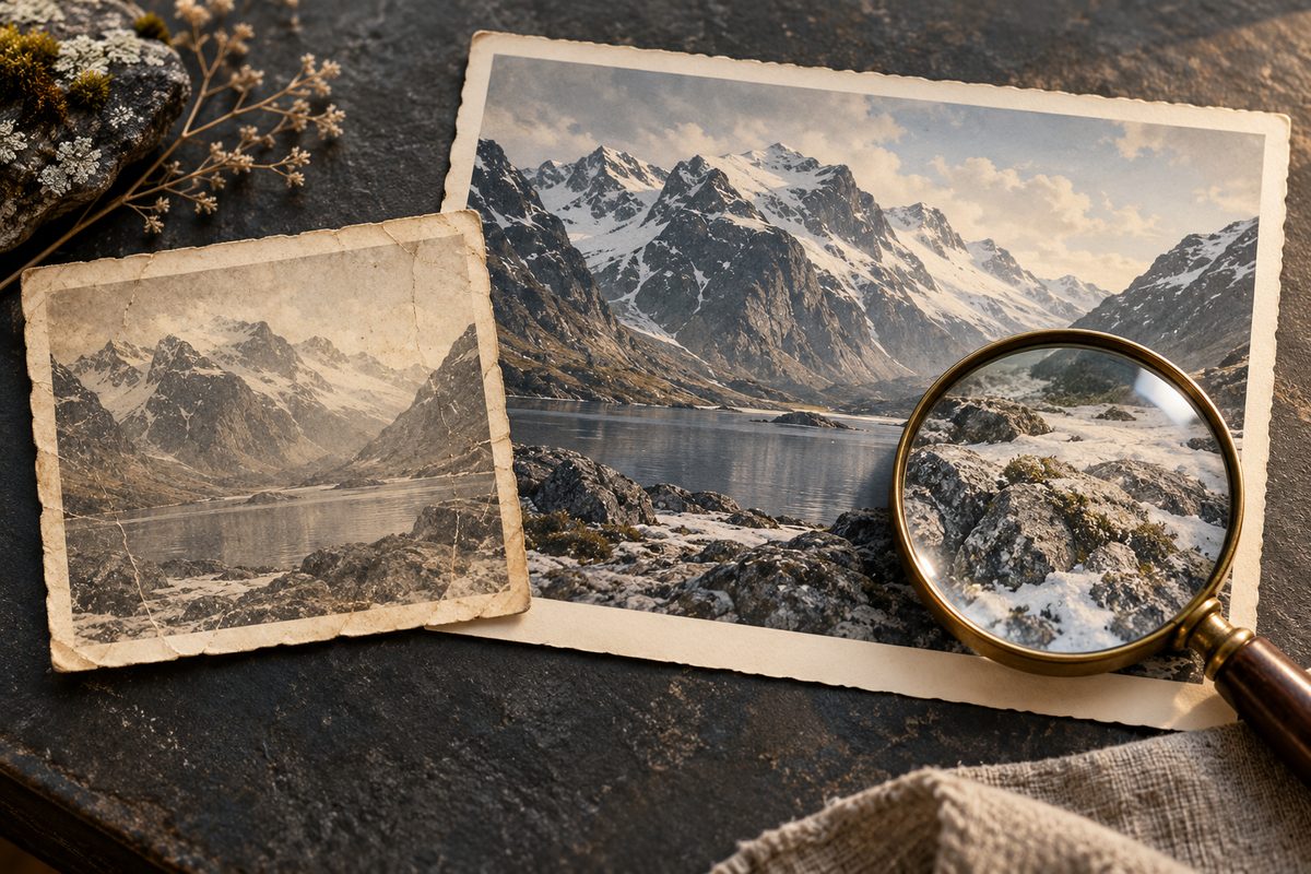 Et slitt fjellfoto ligger ved siden av en større, detaljert utskrift, med lupe over stein og snø.